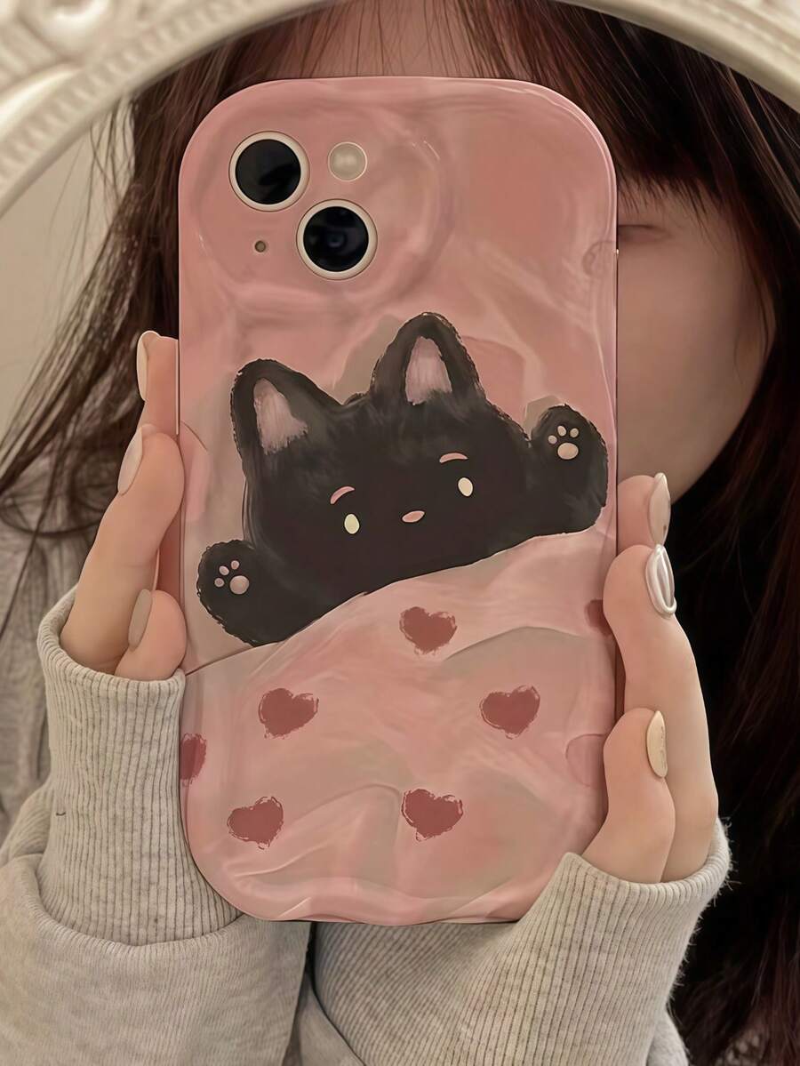 1pc Dopamine Cute Pink Heart Black Cat Wavy Cream Texture Cute Regular Phone Case Compatible With IPhone11/12/13/14/15/16/17/IPhone16/15/14/13/12/11Pro Max XS/XR/X/7/8/Plus IHonor X9c/X9b/X8a/X7b 3D Wavy Vintage White - White - View 1