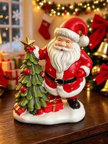 Christmas Resin Santa Figurine With Mini Xmas Tree, Golden Star & Gift Box, Snowy Base Desktop Decor, Ideal Holiday Gift For Home Office Party - View 3