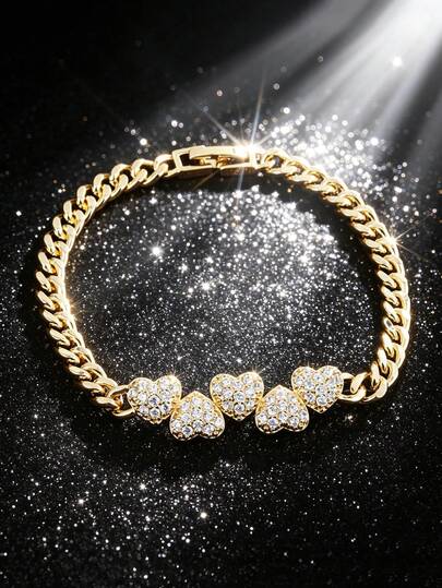1pc Fashion Luxury Zirconia Inlaid Heart Pendant Cuban Link Bracelet, Daily Nightclub Party Accessory, Valentine's Day Christmas Birthday Anniversary Gift For Men/Women