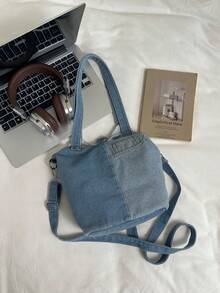 Vintage Colorblock Washed Canvas Tote Bag, Handheld & Crossbody, Cargo Style Style, Large Capacity Student Commuter Bag - Blue - View 9