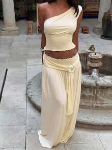 Elio Closet Women's Elegant Solid Color Fitted Summer Two Pieces Set, Minimalist Versatile Cropped Asymmetric Neck Sleeveless Top, Cinched Waist Ruched A-Line Maxi Skirt, Suitable For Beach Vacation, Work Commute, Festivals, Graduation Ceremony - Apricot - View 4