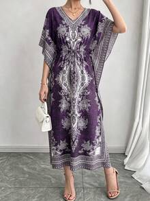 Middle Eastern Arabic Tie-Dye Colorblock Loose V-Neck Casual 2-In-1 Elastic Slimming Vacation Short Sleeve Long Maxi Dress Cover-Up Robe Fall - Violet Purple - View 7