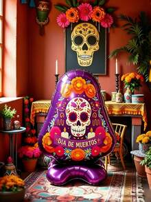 1pc Standing Undead Purple Triangle Tombstone Day Of The Dead Theme Aluminum Foil Balloon, Suitable For Day Of The Dead Decoration, Halloween Theme Decor, Indoor/Outdoor Scene Arrangement, Horror Party Props, Escape Room Scene Supplies - Multicolor - View 3