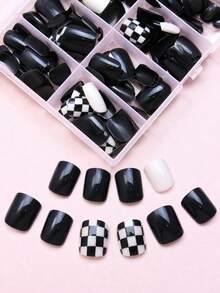 120pcs Short Square Press-On Nails, Black & White Checkerboard Decor Classic Checkerboard Contrast Pattern Design Acrylic Fake Nails Set, Suitable For Women & Girls Daily Work - Multicolor - View 3