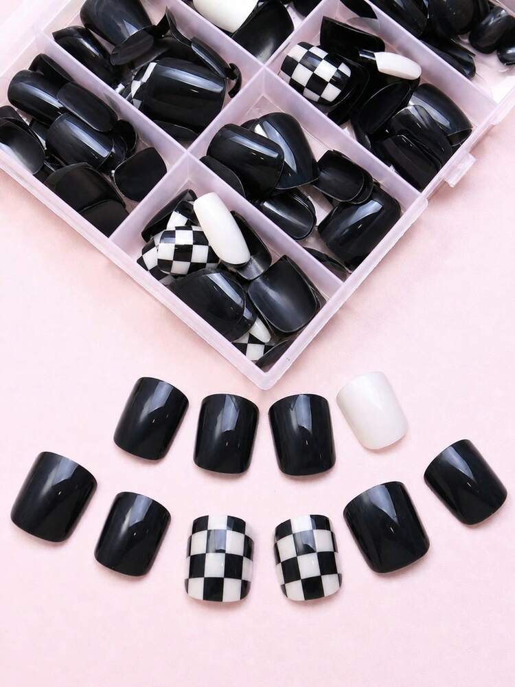 120pcs Short Square Press-On Nails, Black & White Checkerboard Decor Classic Checkerboard Contrast Pattern Design Acrylic Fake Nails Set, Suitable For Women & Girls Daily Work - Multicolor - View 2