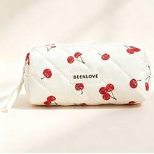 Kawaii Red Cherry Print Quilted Makeup Bag, Soft Large Capacity Portable Zipper Cosmetic Pouch, Waterproof Travel Toiletry Storage Bag For Women Girls Daily Trip & Stationery Use - Multicolor - View 1