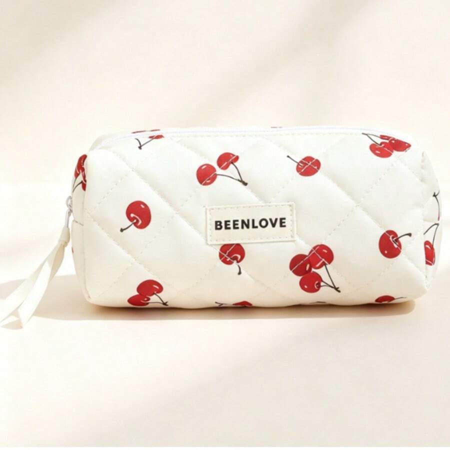 Kawaii Red Cherry Print Quilted Makeup Bag, Soft Large Capacity Portable Zipper Cosmetic Pouch, Waterproof Travel Toiletry Storage Bag For Women Girls Daily Trip & Stationery Use - Multicolor - View 1