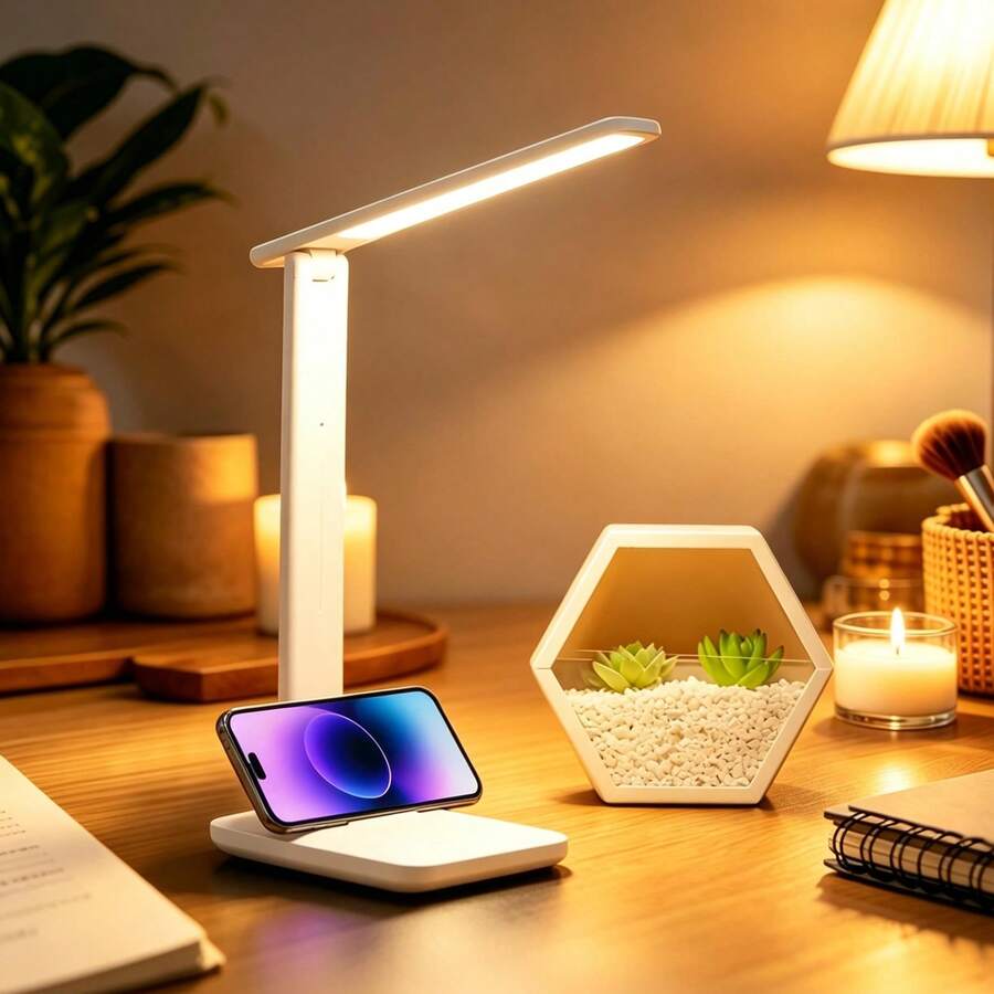 1件可充電LED折疊檯燈，3種照明模式與亮度調節，便於攜帶，適用於閱讀、學習、宿舍、臥室、居家、辦公室等場所