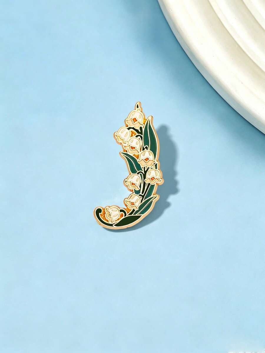 1pc Gentle Lily Of The Valley Metal Brooch, Cream White Flower With Green Leaves, Gold-Edged Delicate Design, Suitable For Cardigan, Scarf, Dress, Daily Outfit Accessory, Soft Girl Style - Multicolor - View 1