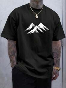 Manfinity LEGND T-Shirt Noir à Col Rond Et Manches Courtes Avec Imprimé Montagne, Pour Un Port Casua - 樣式1 - 查看 7