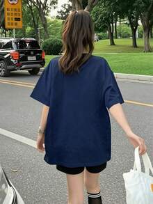 Camiseta de manga corta estampada para mujer a la moda, ropa ligera de verano, ropa cómoda para el hogar, adecuada para deportes y actividades al aire libre - Azul Marino - Ver 3