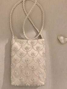 日韓風小眾設計 Ins 風花卉珠飾刺繡女款手機包，法式時尚百搭，優雅通勤、逛街、日常購物，單肩斜跨小包 - 白色 - 查看 4