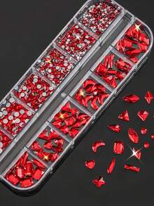2 Boxes/Set 24 Compartments Christmas Luxury Green/Red Nail Art Rhinestones SS4-SS6 Mixed Green & Red Nail Charms Multiple Shapes + Round Nail Jewelry - Baby Pink - View 2