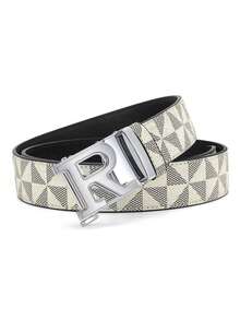 Sabuk Kulit Pria Mewah Motif Huruf R Geometris Kotak-kotak dengan Gesper Otomatis, Tali Pinggang Modis untuk Bisnis dan Kasual, Cocok untuk Pakaian Jeans Sehari-hari. - MultiWarna - View 6