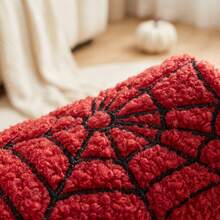 Halloween Red Plush Spider Web Half Slippers, Unisex Autumn/Winter Home Slippers With Fleece Lining, Teddy Fleece, Personalized Spider Web Embroidery, Curly Plush, Soft Sole, Quiet, Non-Slip, Holiday Atmosphere, Indoor/Outdoor Dual Use, Warm And Comfortable Slouchy Home Slippers - Red - View 3