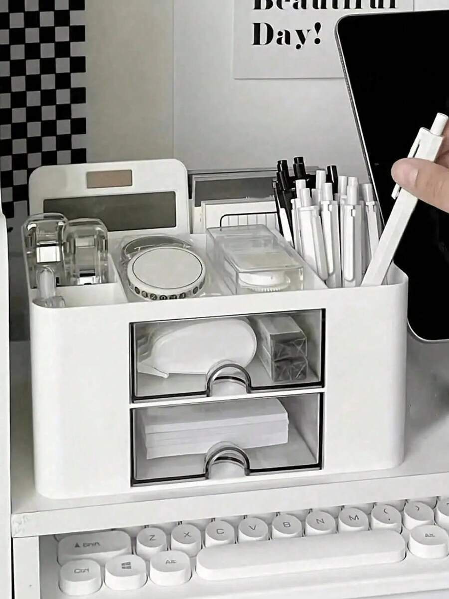 1pc Drawer Stationery & Sundries Storage Box, Student Dorm Desk Ins Style Pen Holder, Tape Organizer, Cosmetic Storage Box, Office Supplies Storage Box, Suitable For Back To School Gift, Random Color
