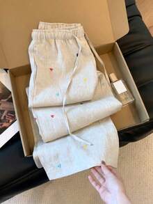 Women's Old Money Style Heart Embroidery Linen Casual Versatile Wide Leg Pants White - White - View 1