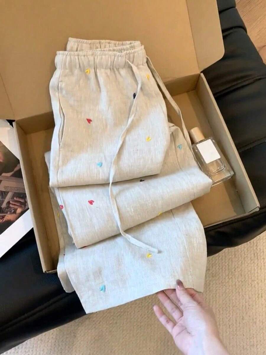 Women's Old Money Style Heart Embroidery Linen Casual Versatile Wide Leg Pants White - White - View 1