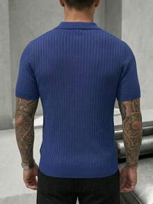 Men's Summer Knit Polo Shirt, Solid Color Short Sleeve, Suitable For Summer Outings, Fashionable Essential - Navy Blue - View 2