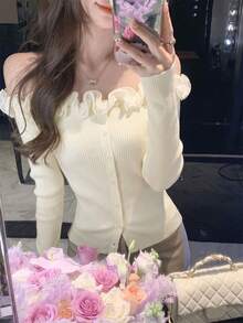 Autumn/Winter Casual Korean Sweet Style Ruffle Off-Shoulder Knit Sweater, Fitted Slim Fit Long Sleeve Top, Warm Gentle Elegant Versatile Base Layer, Apricot Color - Apricot - View 3