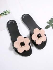 3D Flower Decor Single Strap Slide Sandals, Women Open Toe Flat Slip On Summer Casual Slippers - Black - View 4