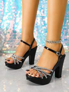 Women's Shiny Rhinestone Strap Thick Sole Chunky Heel Sandals, Cross Rhinestone Buckle High Heels For Party And Wedding - Black - View 4