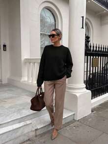 Sweater Pullover Gaya Lembut dan Santai Eropa & Amerika untuk Wanita, Musim Gugur/Dingin, Potongan Longgar, Serbaguna, Atasan Rajut Leher Bulat - Hitam - View 1
