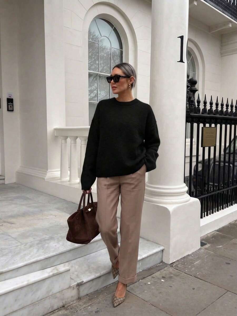 Sweater Pullover Gaya Lembut dan Santai Eropa & Amerika untuk Wanita, Musim Gugur/Dingin, Potongan Longgar, Serbaguna, Atasan Rajut Leher Bulat - Hitam - View 1