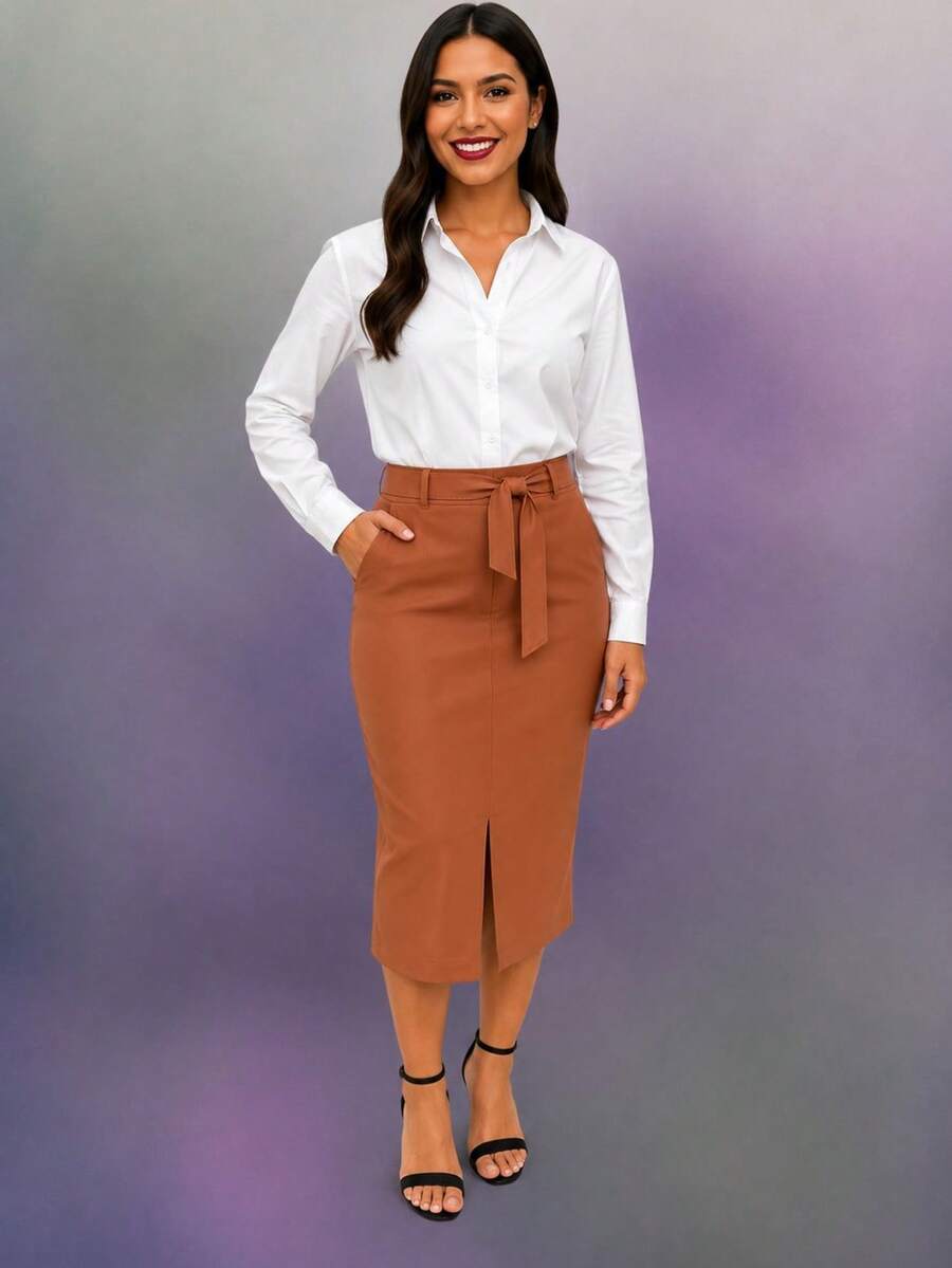 Women's Faux Leather Midi Skirt With Buckleless Belt – Fits Sizes 38 To 50 | Casual, Elegant, And Comfortable - 亮橙色 - 查看 1