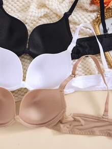 3 piezas Sujetadores con aros y cobertura total sin costuras, negro sólido/blanco,Sostenes de lencería sexy con aros de sujeción, de cobertura total sin costuras, transpirables y lisos - Negro+blanco+caqui - Ver 4