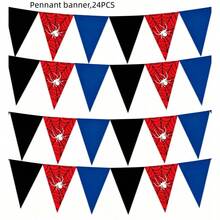 12入紅藍黑蜘蛛網三角旗橫幅，預串好蜘蛛主題生日派對裝飾，卡通懸掛三角旗，適用萬聖節生日派對背景佈置 - 蜘蛛網拉旗 - 查看 1