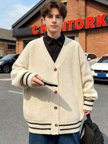 Men's Plus Size Knitted Fashion Cardigan, Long Sleeve Sweater, Soft And Comfortable Knit Sweater, Versatile Casual Style, Autumn/Winter - Apricot - View 6