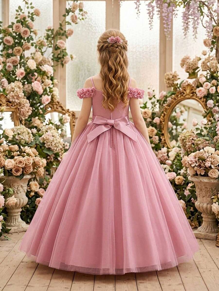 青少年女孩細肩帶網紗公主泡泡袖優雅長禮服，適合婚禮花童穿著，不含髮箍