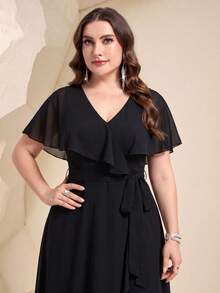 UNITHORSE Plus Size V-Neck Ruffle Trim Chiffon Bridesmaid Dress - Black - View 5