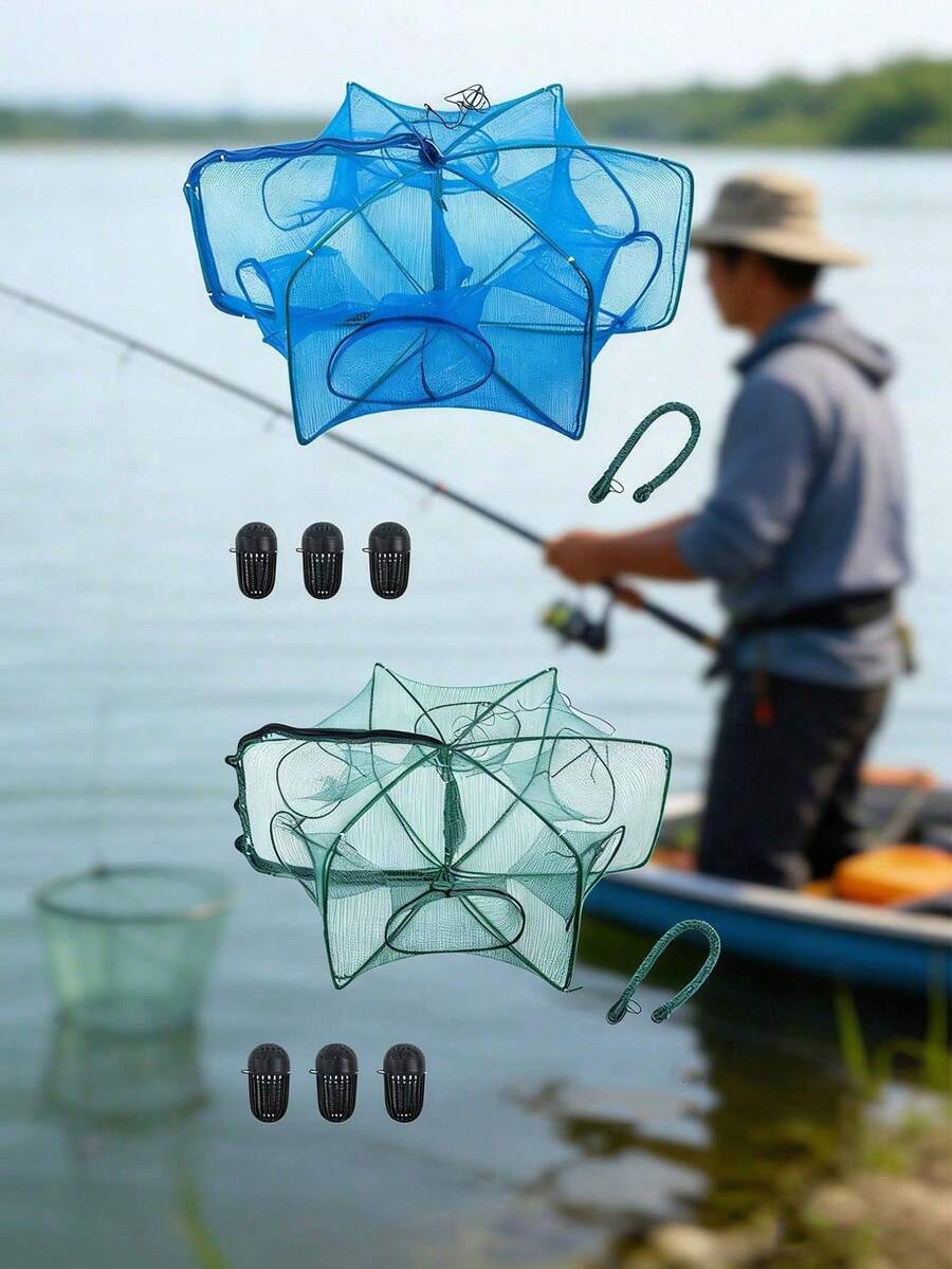 GOTURE 1pc Foldable Crab Trap Fishing Net, With 6-Hole Rope, Can Catch Small Fish, Crayfish, Shrimp And More - Multicolor - View 1