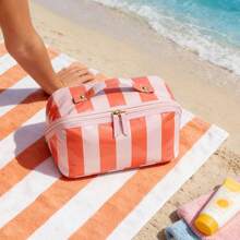 Personalized Striped Colorblock Cosmetic Bag, Pillow Shape Makeup Organizer With Zipper, Portable Travel Toiletry Bag, Open Flat Toiletry Bag, Gift - Multicolor - View 12