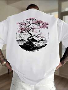 Camiseta de hombre con estampado de flores de cerezo japonés, cuello redondo, 220 g/m², 100% algodón (1 pieza) y estilo casual. - Blanco - Ver 5