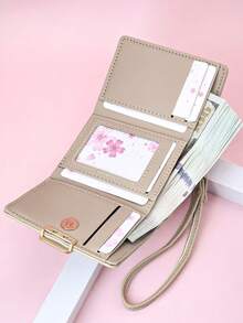 MINGYOU Cartera corta de mano plegable en tres partes, cartera multifunción de PU para mujer con cremallera, monedero de gran capacidad, tarjetero - Beis - Ver 5