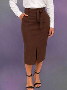 Women's Faux Leather Midi Skirt With Buckleless Belt – Fits Sizes 38 To 50 | Casual, Elegant, And Comfortable - 鏽棕色 - 查看 2