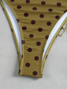 Fashionable Women's Coffee Color Polka Dot Strapless Deep V Hollow Out Bikini Fresh Sexy Beach Vacation One-Piece Swimsuit Set - Multicolor - View 8