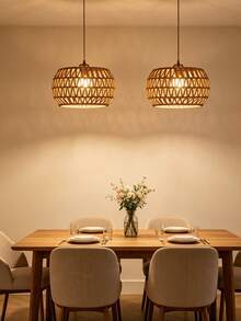 Bohemian Handwoven Rattan Lampshade, 19.31" - Perfect For Kitchen Island, Dining & Living Room Decor - Hollowed-out Semicircle - View 1