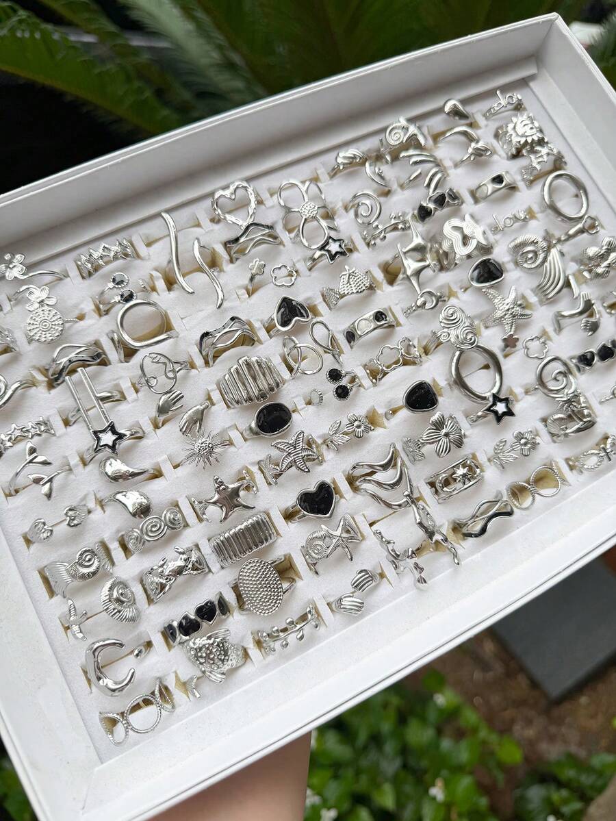 1/3/6/12/24PCS Stainless Steel Silver Geometric Open Ring, Sweet Cool Style, Suitable For Women's Daily Wear (Random Style) - Multicolor - View 1