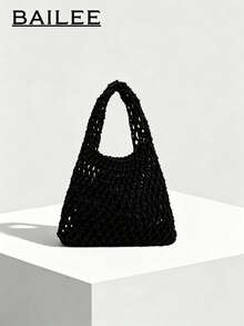 BAILEE Bolso de mano de poliéster de colores de moda con patrón tejido a mano y encanto oceánico, adecuado para vacaciones - Negro - Ver 2