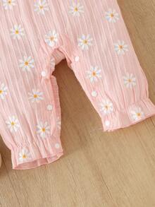 1 pieza Mono de bebé niña con estampado de margarita y lazo acanalado, con diadema, fino para primavera/otoño - Rosa - Ver 8