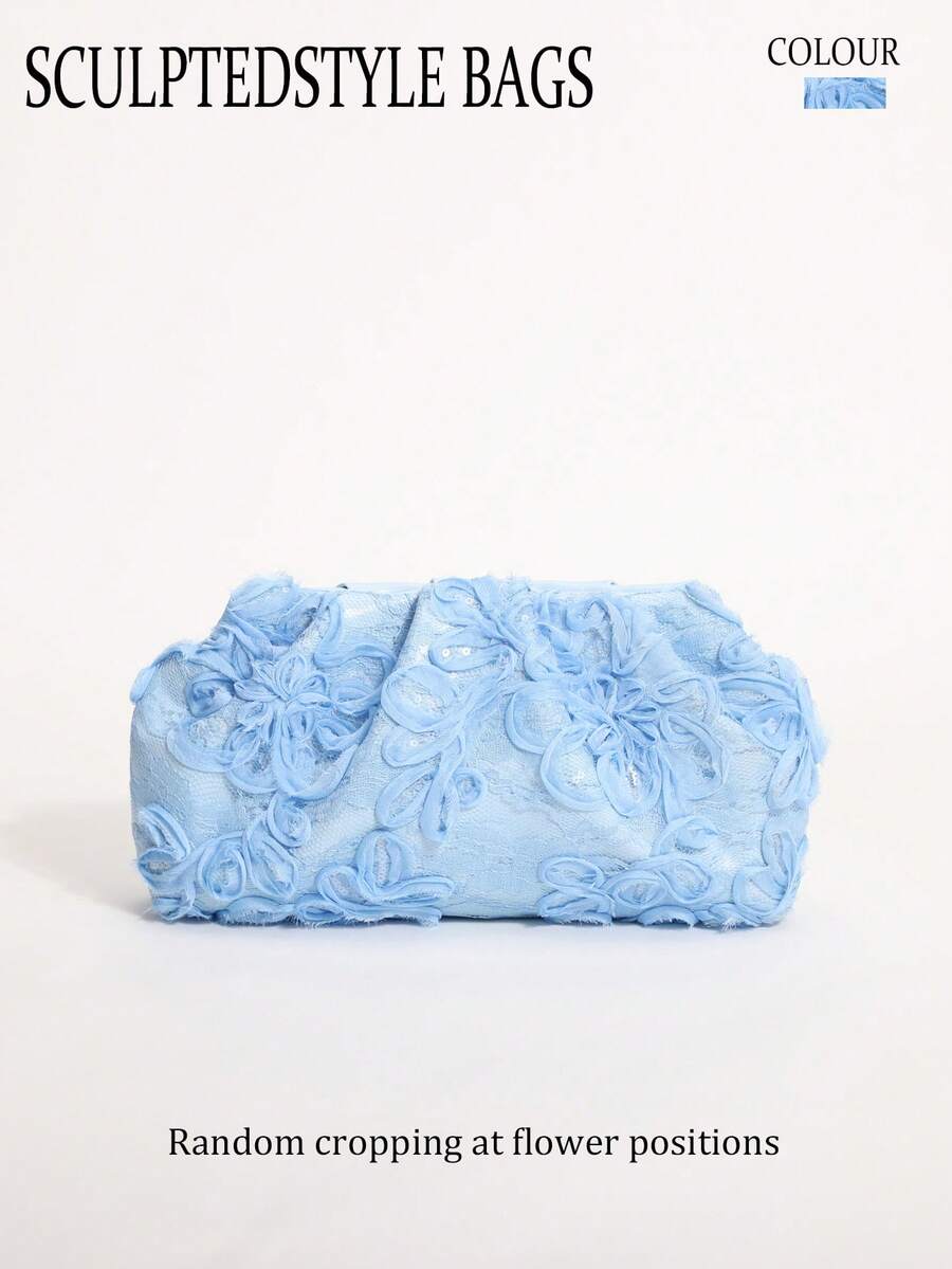 藍色柔軟蕾絲刺繡亮片拼接花卉 PU 百褶雲朵手拿包,附鏈條肩帶斜跨包(隨機花卉圖案) - 藍色 - 查看 1