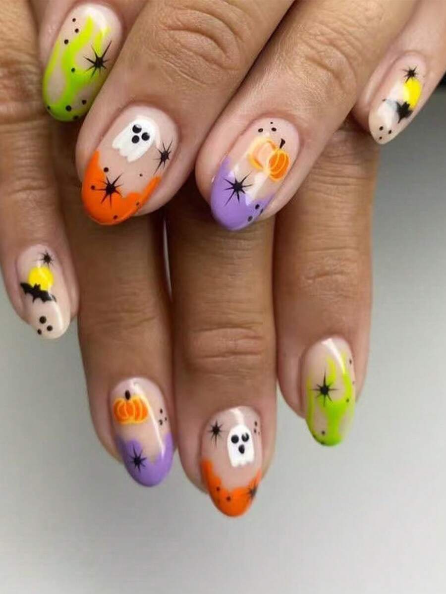 24pcs Short Round Press-On Nails, Colorful Short Nails, Bat & Pumpkin Design, Halloween Nail Stickers - 彩色 - 查看 1