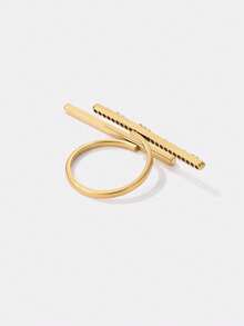 Kryxie 1pc Fashionable Minimalist Elongated Stainless Steel Ring With Rhinestones - Yellow Gold - View 3