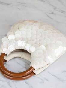 Shell Ring Handle Tote Bag, Pearl Mother Of Pearl Shell Fragments, Mini Portable Handbag, Elegant Romantic Women's Purse, Suitable For Wedding, Beach, Party, Summer Vacation - White - View 9