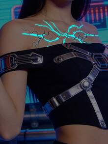 Halloween Cool & Bold Glow-In-The-Dark Lightning Vein Pattern Tattoo Sticker, Waterproof Temporary Tattoo Decal For Arm, Waist, Abdomen, Leg, 1pc/Pack - Multicolor - View 6