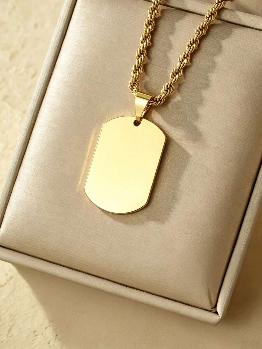 Gold Plated Blank Dog Tag Pendant Necklace, Engravable Stainless Steel Plain Rectangular Charm With Twist Rope Chain, Birthday & Daily Wear Gifts - Gold - View 1
